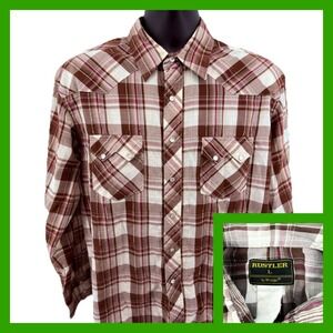 Rustler by Wrangler Mens Large Pearl Snap Western Shirt Brown Plaid Long Sleeve